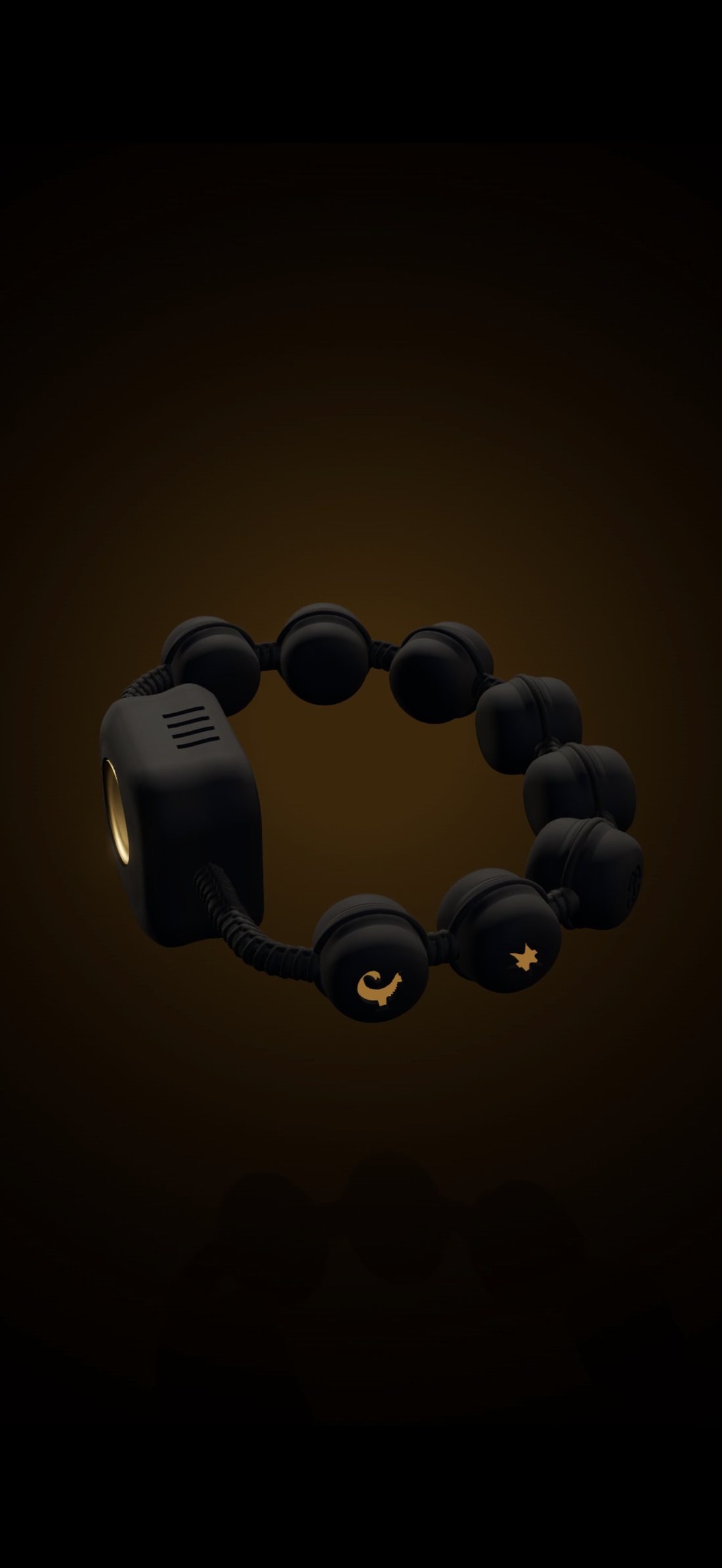The M'AKOMA bracelet rendered in 3D — beads and core hub on a braided cord.